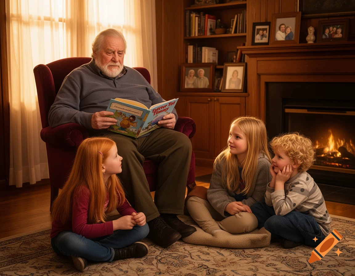 A photorealistic image of an elderly man reading a book to three young children gathered around him in a warm living room.