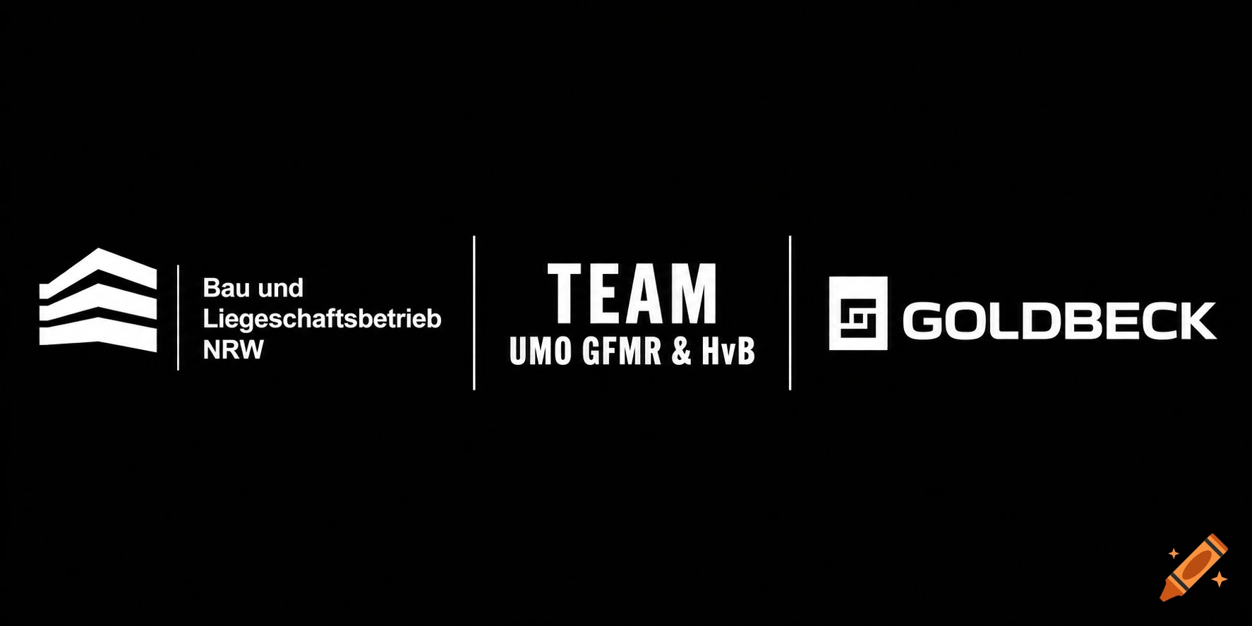 White logos and text for Bau und Liegeschaftsbetrieb NRW, TEAM UMO GFMR & HvB, and GOLDBECK on a black background.