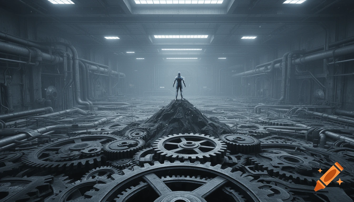 A lone figure stands on a pile of mechanical gears and rubble in a vast, dark, industrial hall filled with pipes, a futuristic sci-fi scene.