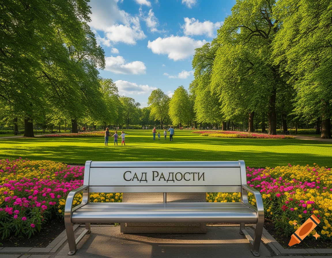 Photorealistic view of a silver park bench with 'САД РАДОСТИ' amidst colorful flowers, lush green lawns, trees, and people.