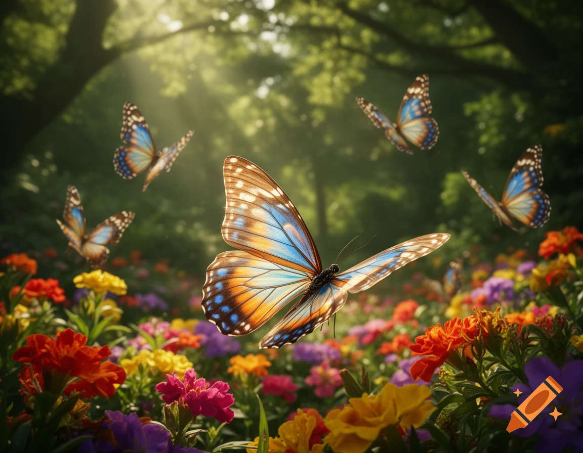 Blue and orange butterflies fly over a vibrant field of colorful flowers under sunlight filtering through green trees.