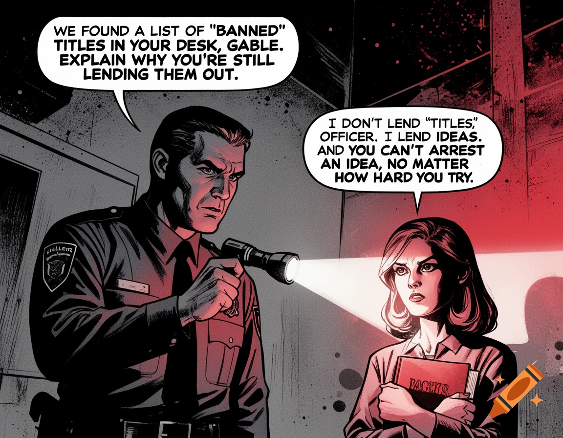 Comic art showing a police officer shining a flashlight on a woman holding a book, with dialogue about banned titles and ideas.