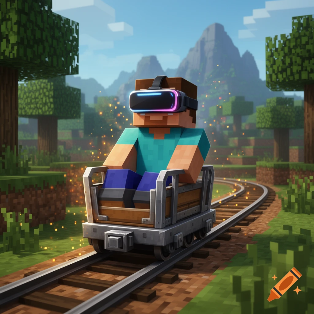 Minecraft Steve in a minecart, wearing a futuristic VR headset, on a track in a blocky landscape.