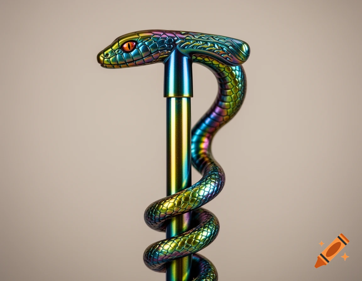 Metallic walking stick with an iridescent, rainbow-colored snake wrapped around its shaft and forming the handle.