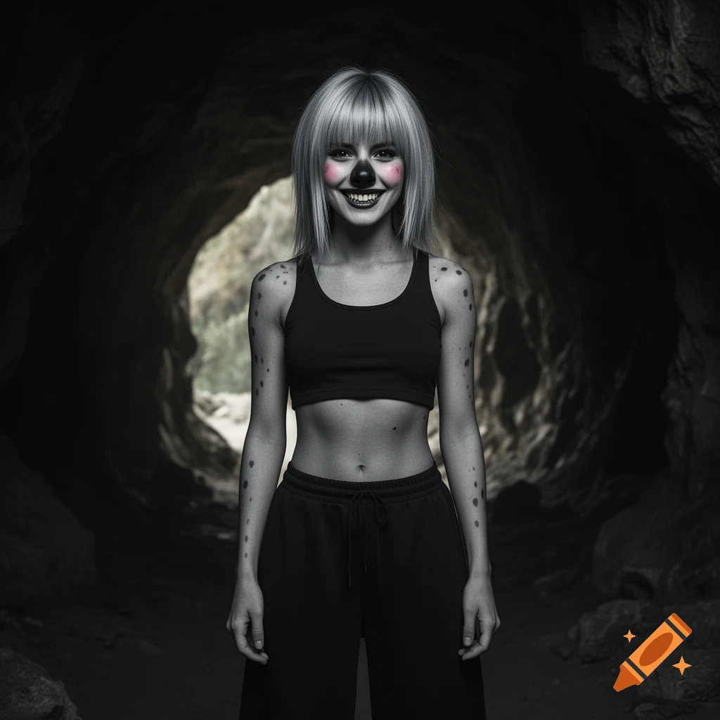 A blonde woman with a dark nose and pink blush smiles in a cave, wearing a black sports bra and pants, with dark spots on her skin.