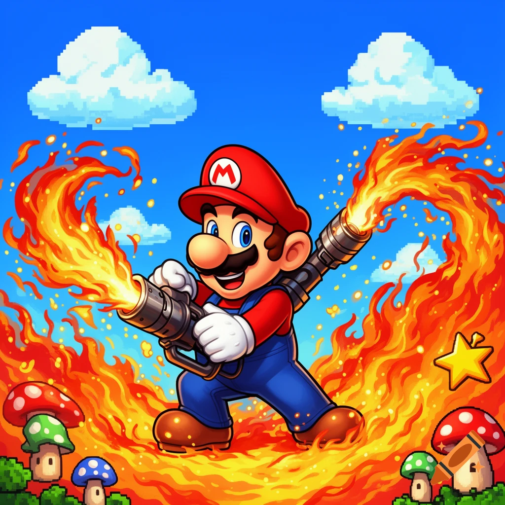 Mario Pixel Explosion Cartoon Mario in pixel art style, holding two flamethrowers and ...