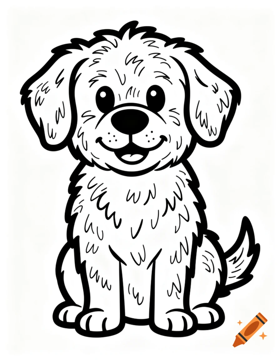 A black and white line art cartoon dog, sitting and smiling, on a white background.