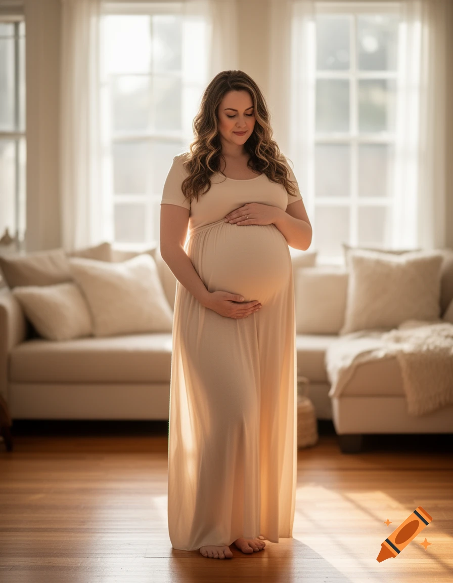 A smiling pregnant woman in a long cream dress stands with hands on her belly in a bright room.