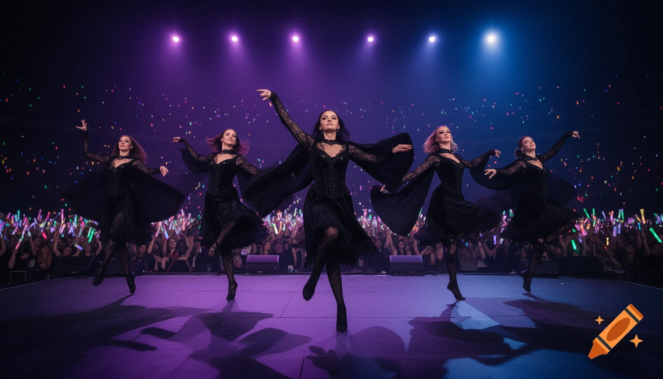Five female dancers in black gothic outfits with capes perform on a stage illuminated by purple and blue lights for a cheering concert crowd holding glow sticks.