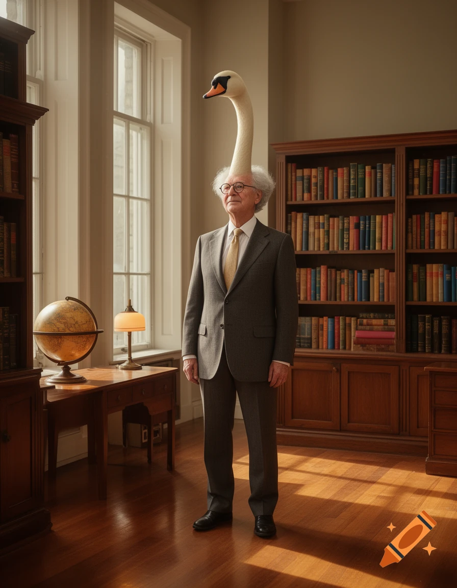 A man in a suit with a swan's head and long neck stands in a stately library with bookshelves, a desk, and a globe.