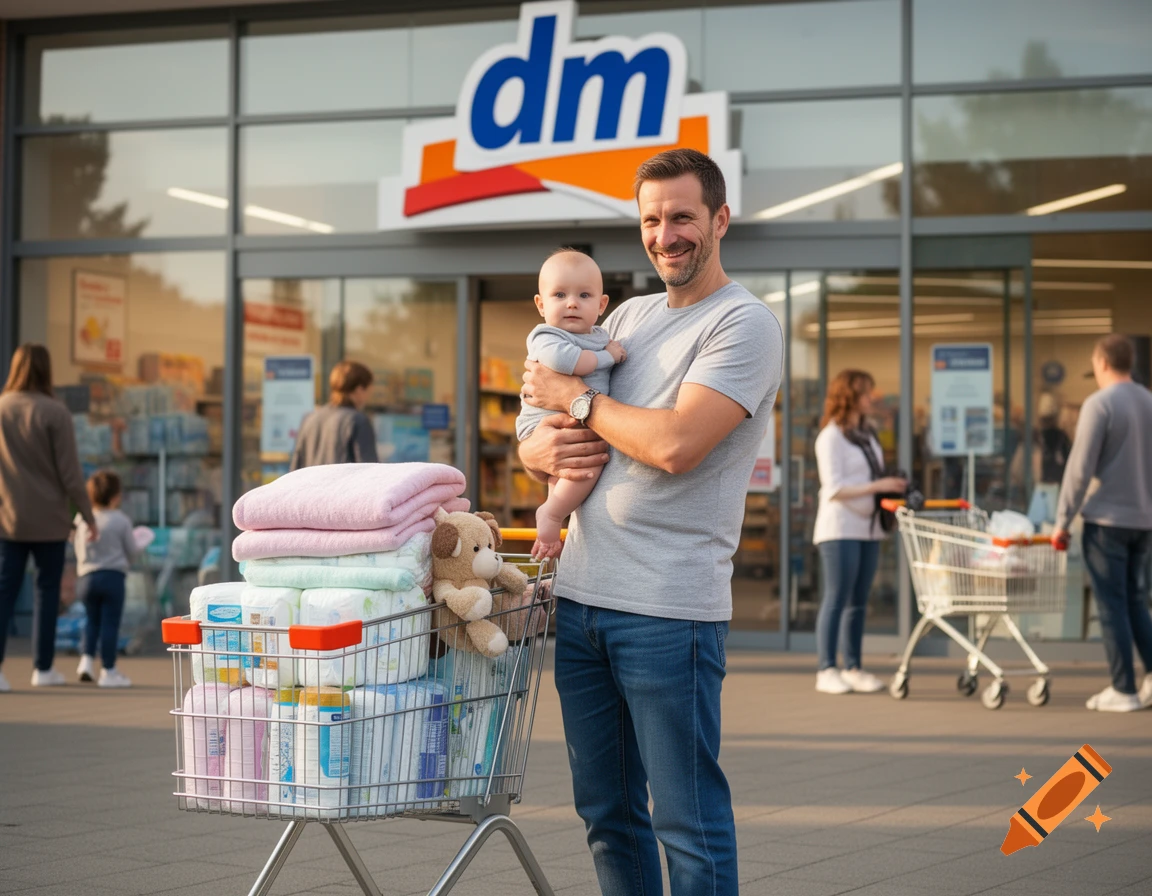 A smiling father holds his baby while standing outside a DM store, next to a shopping cart overflowing with baby products. Photorealistic.