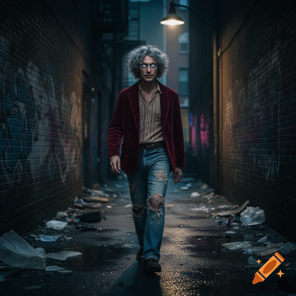 A man with glowing blue eyes and disheveled gray hair walks towards the viewer in a dark, wet alley strewn with trash and graffiti.