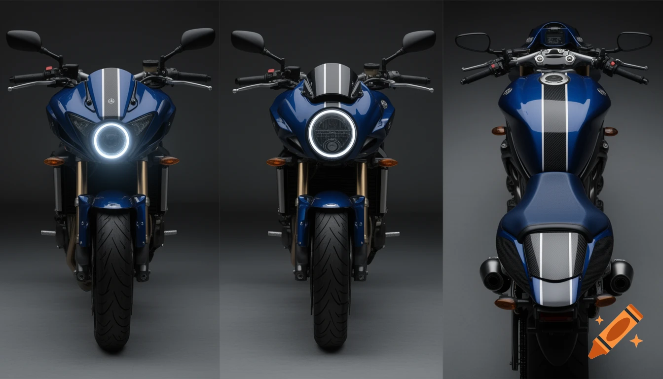 Three studio views of a deep metallic blue Yamaha streetfighter motorcycle with carbon fiber racing stripes and a halo LED headlight.