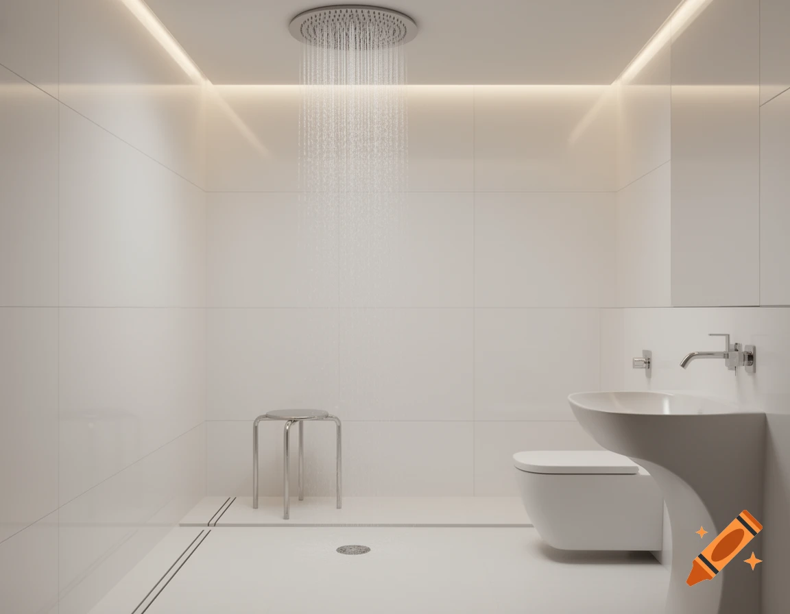 A minimalist, modern white bathroom with a rainfall shower, toilet, sink, and metallic stool. Photorealistic.