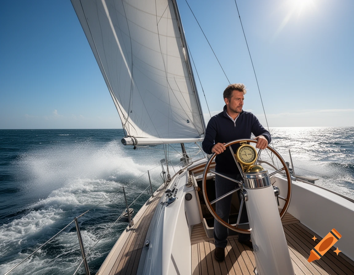 A man steers a sailboat on a sunny, wavy ocean, looking at a compass pointing north.