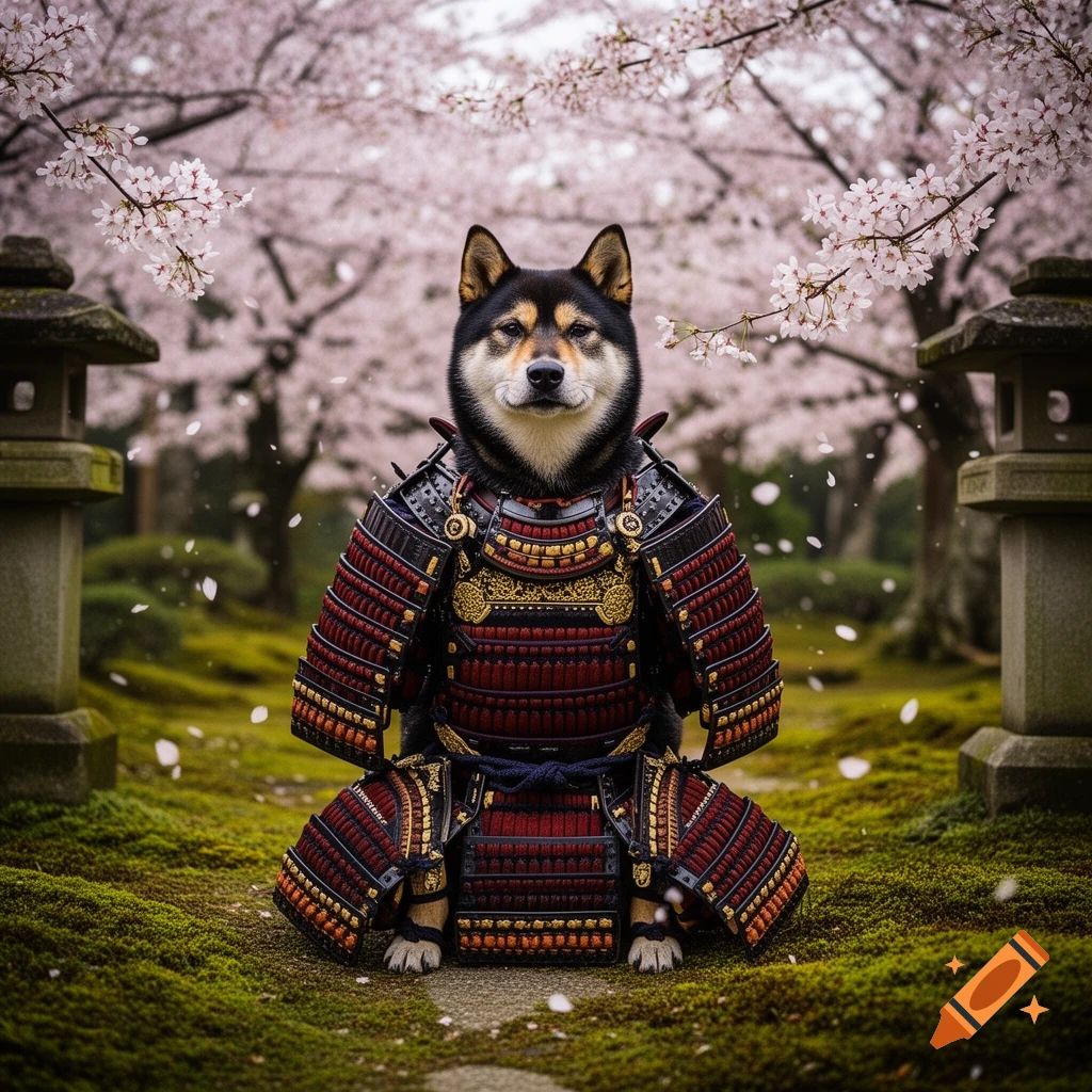 A Shiba Inu dog wearing elaborate red and gold samurai armor, sitting amidst pink cherry blossoms in a Japanese garden.