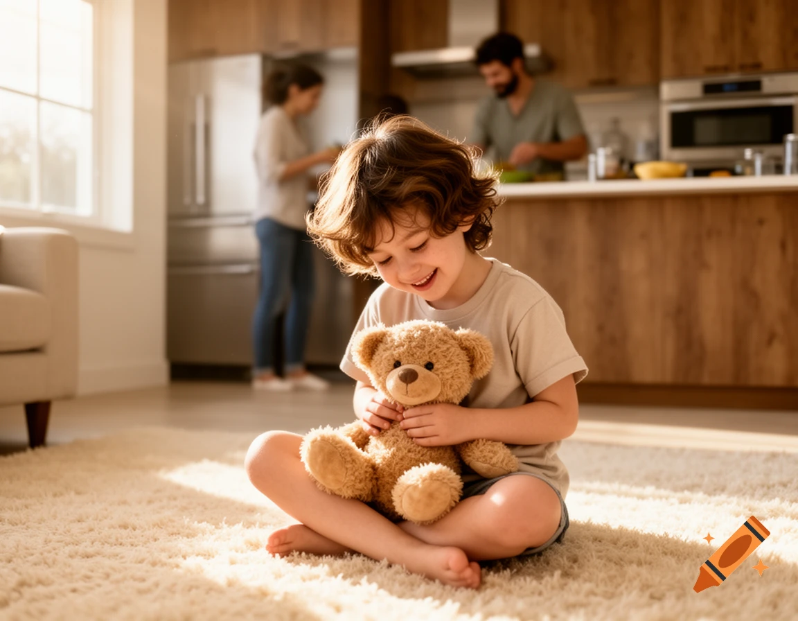 A happy child sits cross-legged on a sunny rug, smiling at a teddy bear, with parents in the kitchen background.