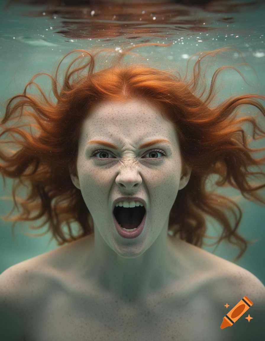 Close-up photorealistic portrait of a red-haired woman with freckles, screaming underwater, her hair flowing around her.