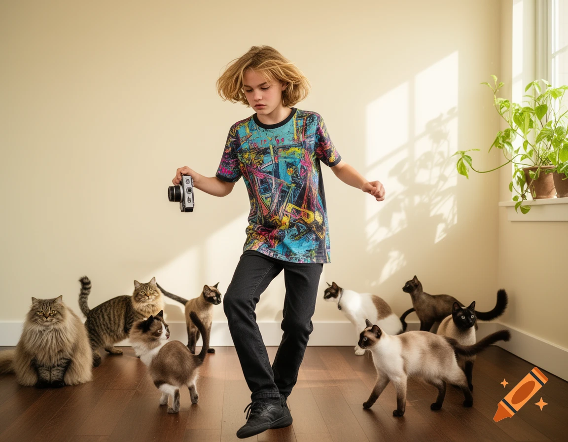 A boy with messy blonde hair dances with a camera, surrounded by multiple cats on a wooden floor in a sunlit room.