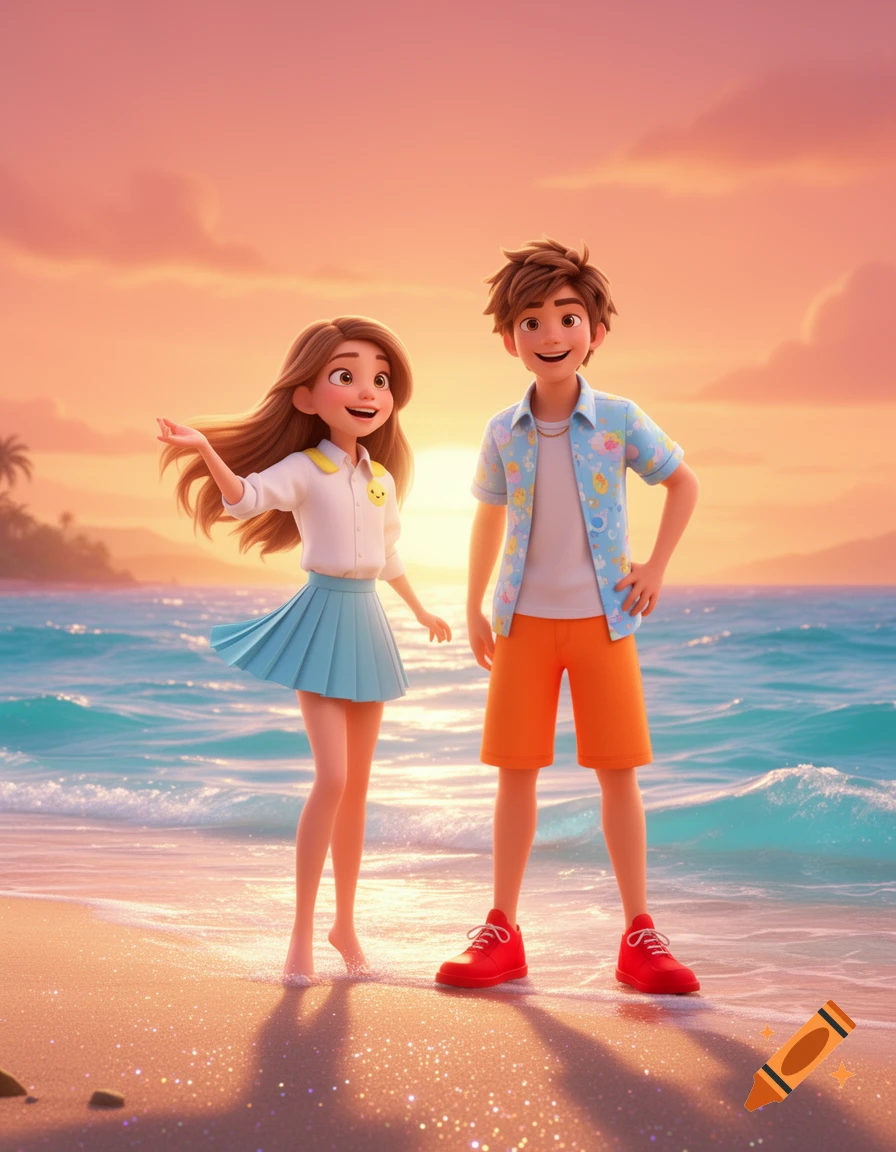 A 3D animated cartoon girl and boy stand on a sparkling beach with ocean waves at sunset.