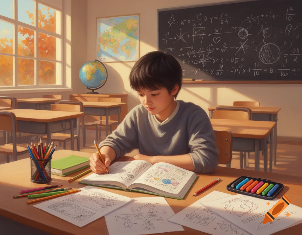 A young boy with dark hair studies at a wooden desk in a sunlit classroom, writing in an open book surrounded by school supplies.