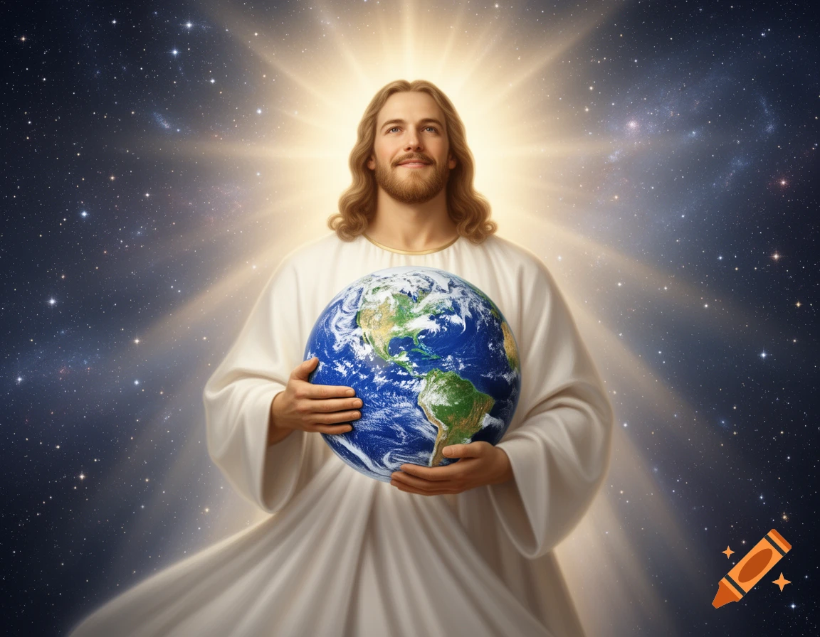 Jesus Christ holds the Earth in his hands against a starry cosmic background with a bright halo.