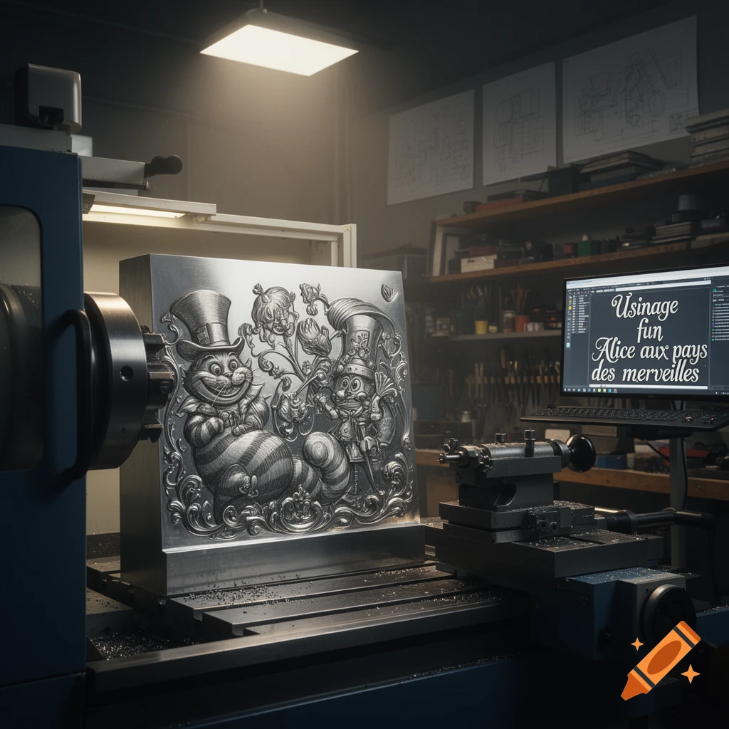 A metal block with an Alice in Wonderland relief sculpture being machined in a workshop with a computer displaying text.