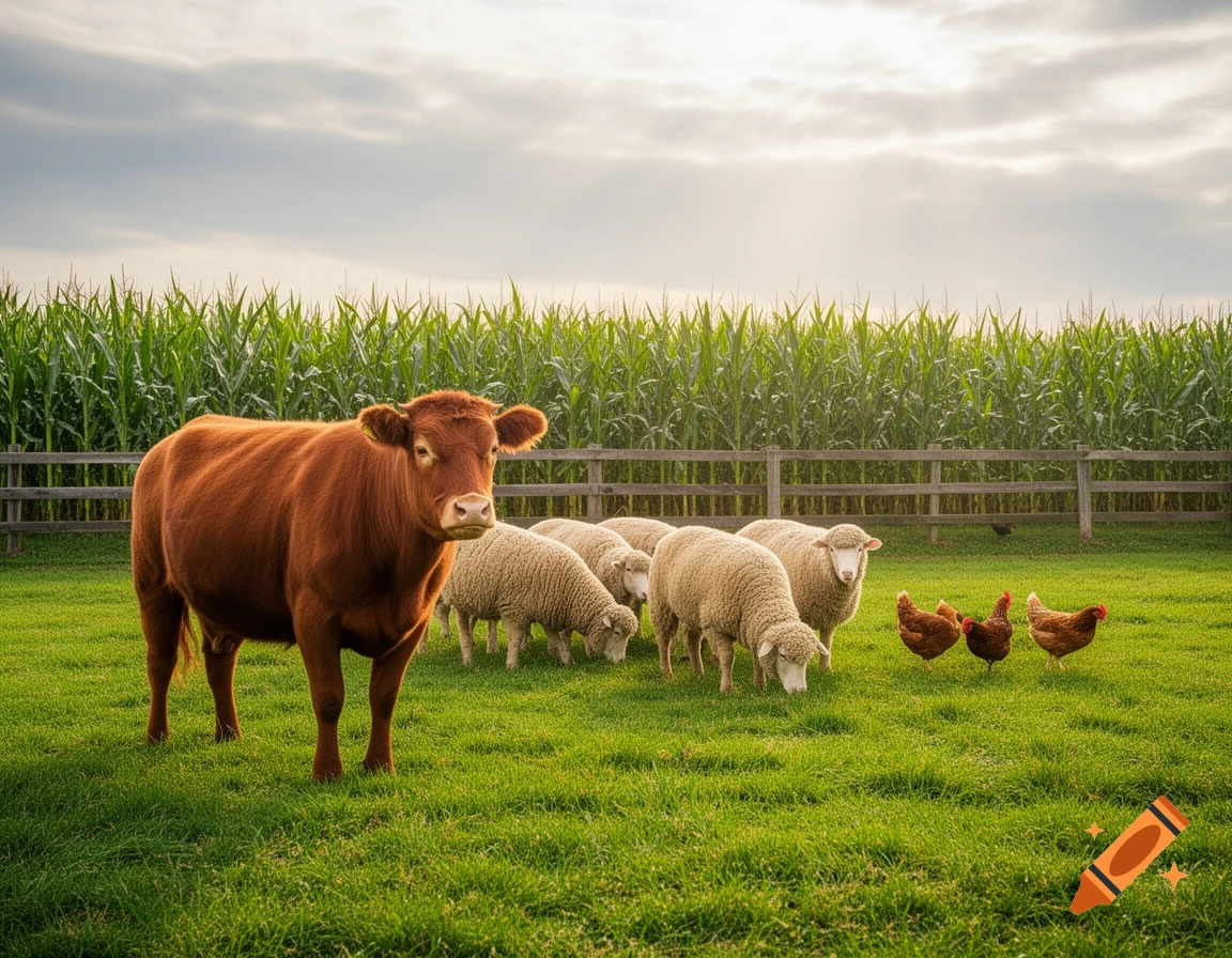 A brown cow, sheep, and chickens in a lush green field with a cornfield and wooden fence under a cloudy sky.