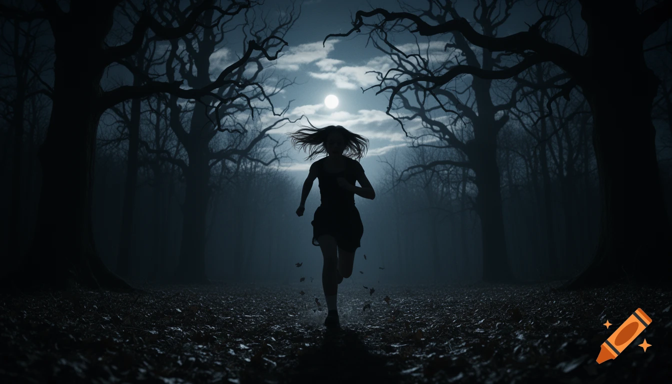 Silhouette of a girl running through a dark, spooky forest under a full moon.