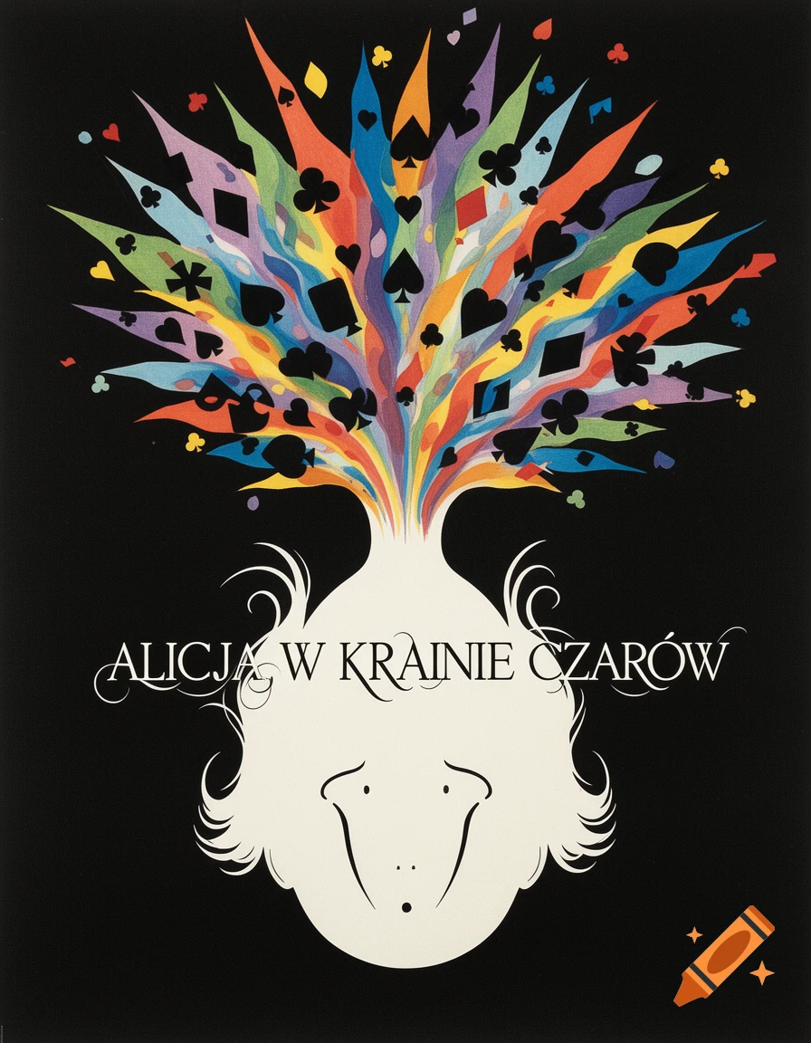 Abstract Polish movie poster with an upside-down girl's white silhouette and colorful explosion of playing card symbols from her head. Text: 'ALICJA W KRAINIE CZARÓW'.