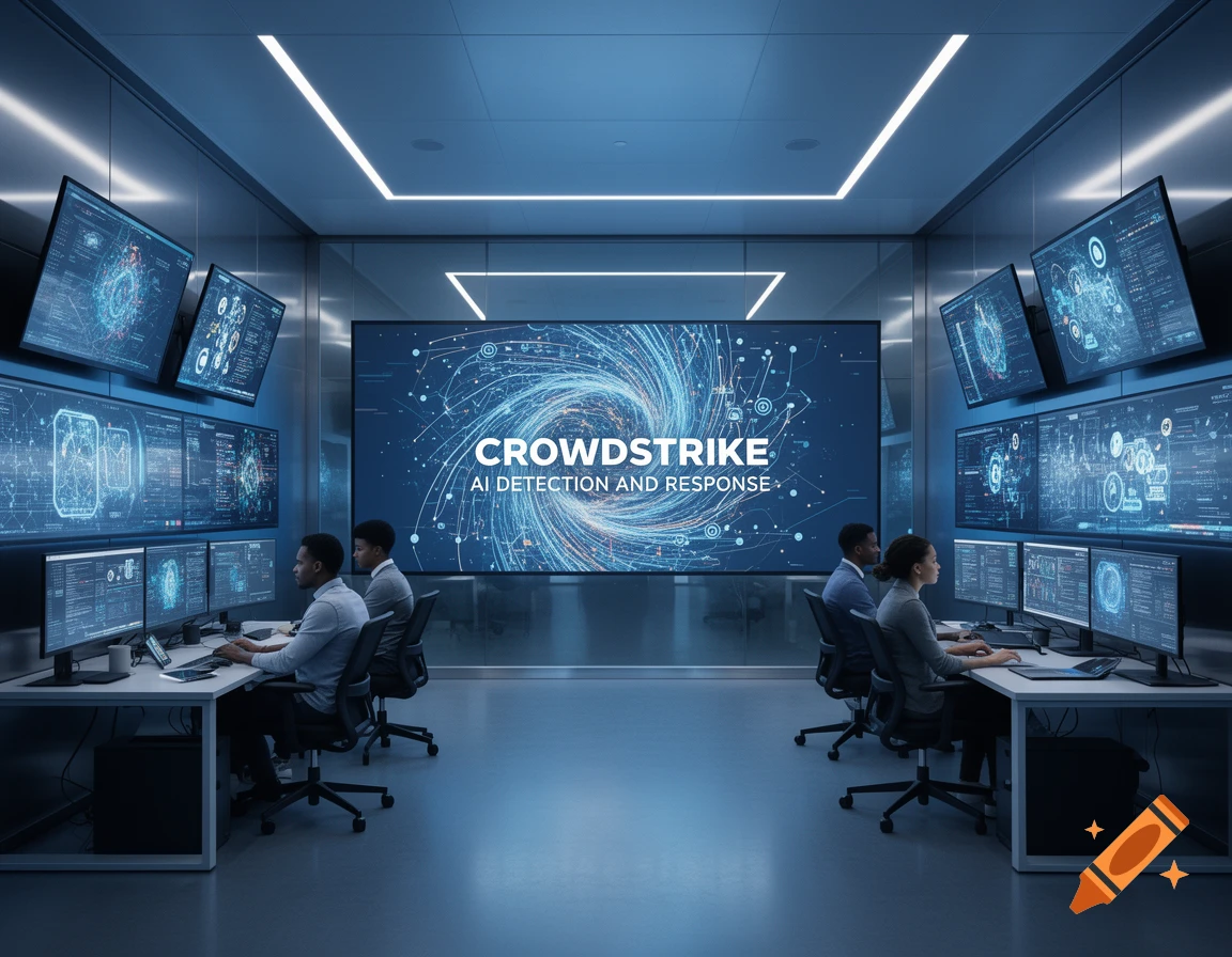 Two analysts work in a futuristic control room. A large central screen displays "CROWDSTRIKE AI DETECTION AND RESPONSE" with data.