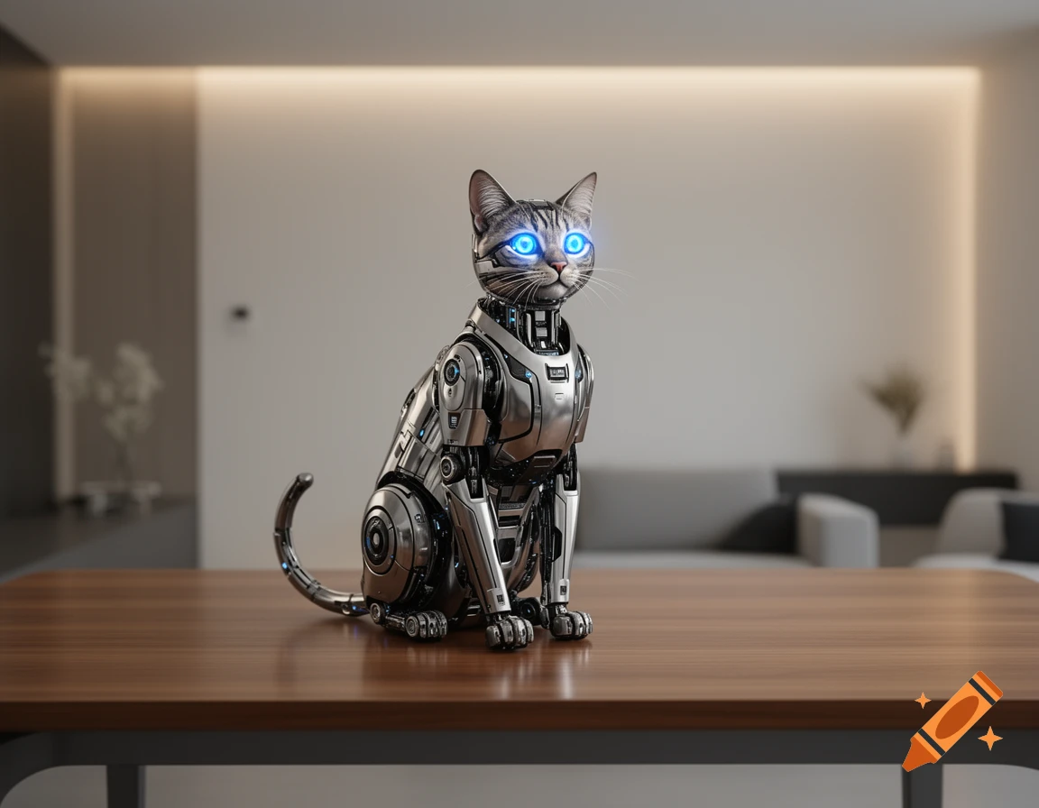 A photorealistic robot cat with glowing blue eyes sits on a wooden table in a modern room.