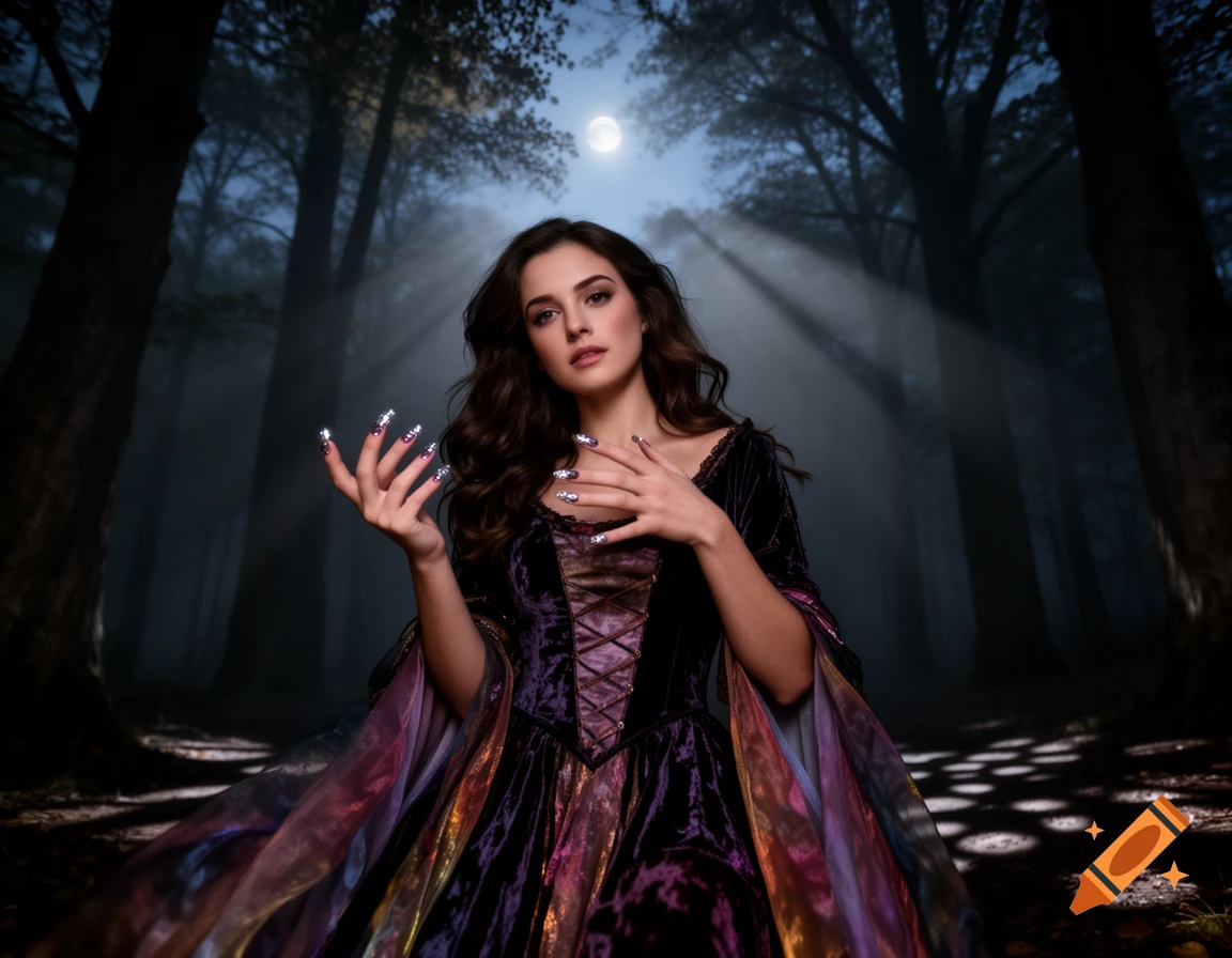 A photorealistic image of a witch in a dark forest at night under a full moon, with long, sparkling nails.