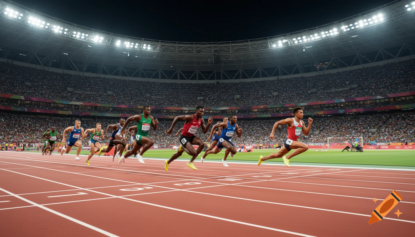 Photorealistic night shot of multiple male athletes sprinting on a red track in a packed stadium.