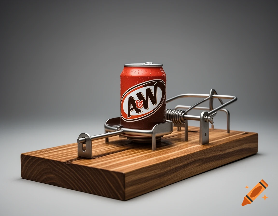 Photorealistic image of a giant mouse trap with an A&W root beer can as bait on a wooden base.