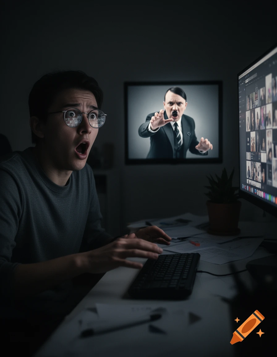 A shocked man in glasses looks at a computer showing a Hitler jumpscare, with a TV in the background also displaying it.