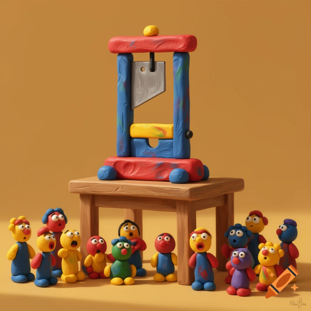 A colorful play-doh guillotine on a small wooden table, surrounded by various anxious-looking play-doh figures on a yellow background.