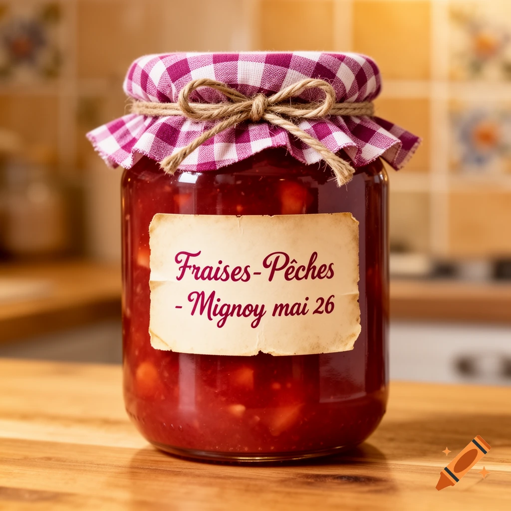 A glass jar of homemade strawberry and peach jam, topped with a checkered fabric lid and a rustic label, on a wooden kitchen counter.