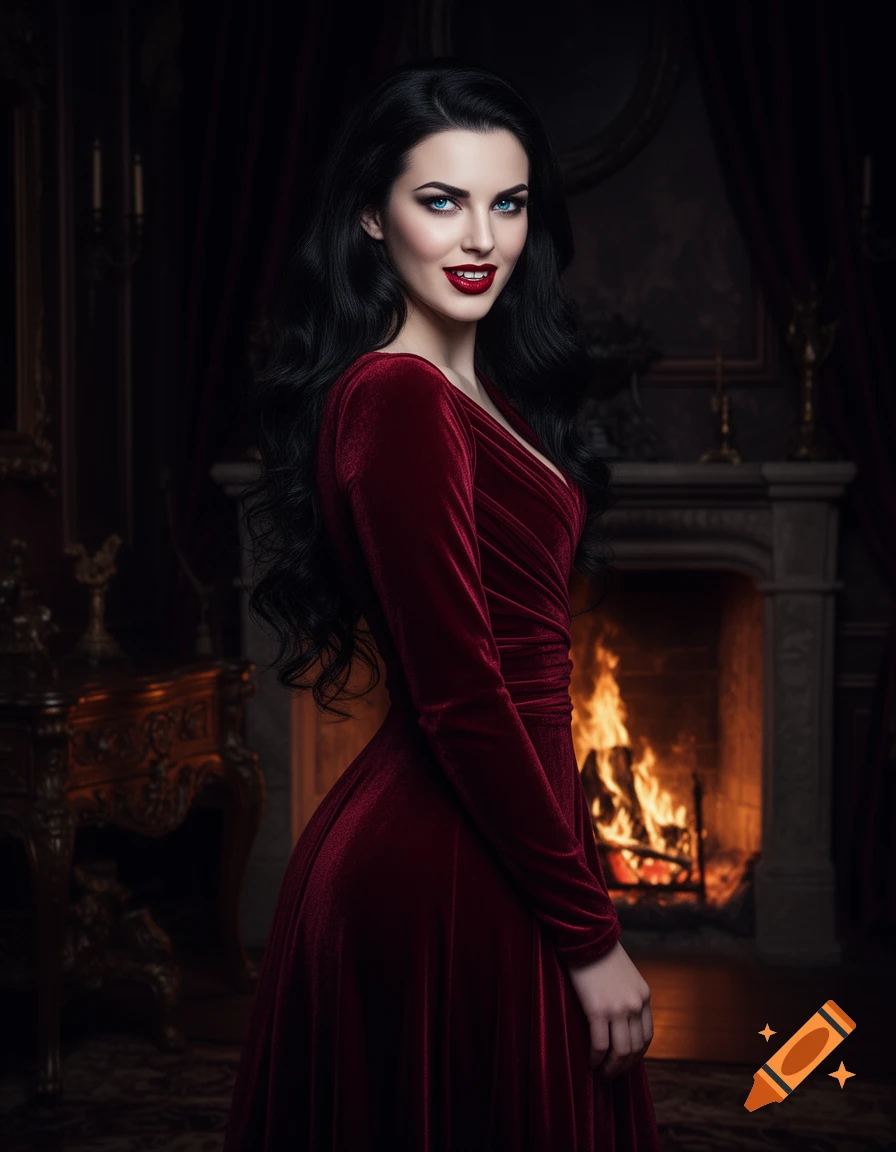 A photorealistic portrait of a woman with black hair, blue eyes, and red lips, in a dark red velvet dress, smiling in an elegant room with a fireplace.