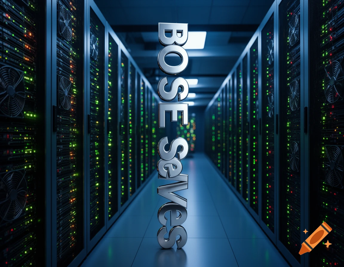3D metallic text 'BOSE Servers' stands prominently in a long, blue-lit server room filled with glowing server racks.