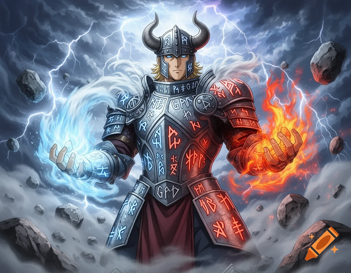 A blonde warrior in horned Viking armor with runes wields blue ice and red fire magic amidst lightning and floating rocks in anime style.
