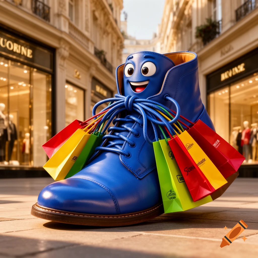 A happy blue cartoon boot with eyes and a mouth carries colorful shopping bags on a city street in front of boutique stores.