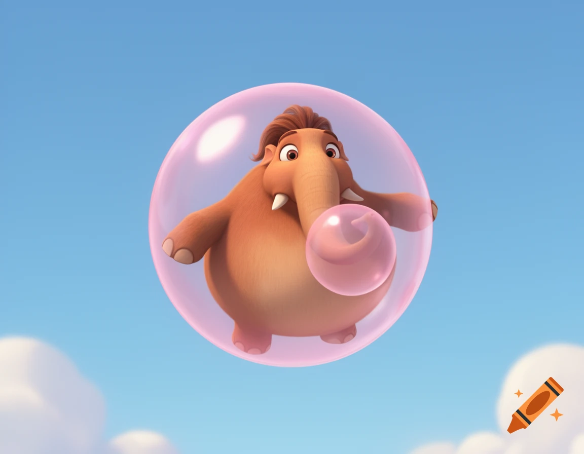 Ellie the mammoth from Ice Age, inflated and round, floats in a pink bubblegum bubble against a clear blue sky.