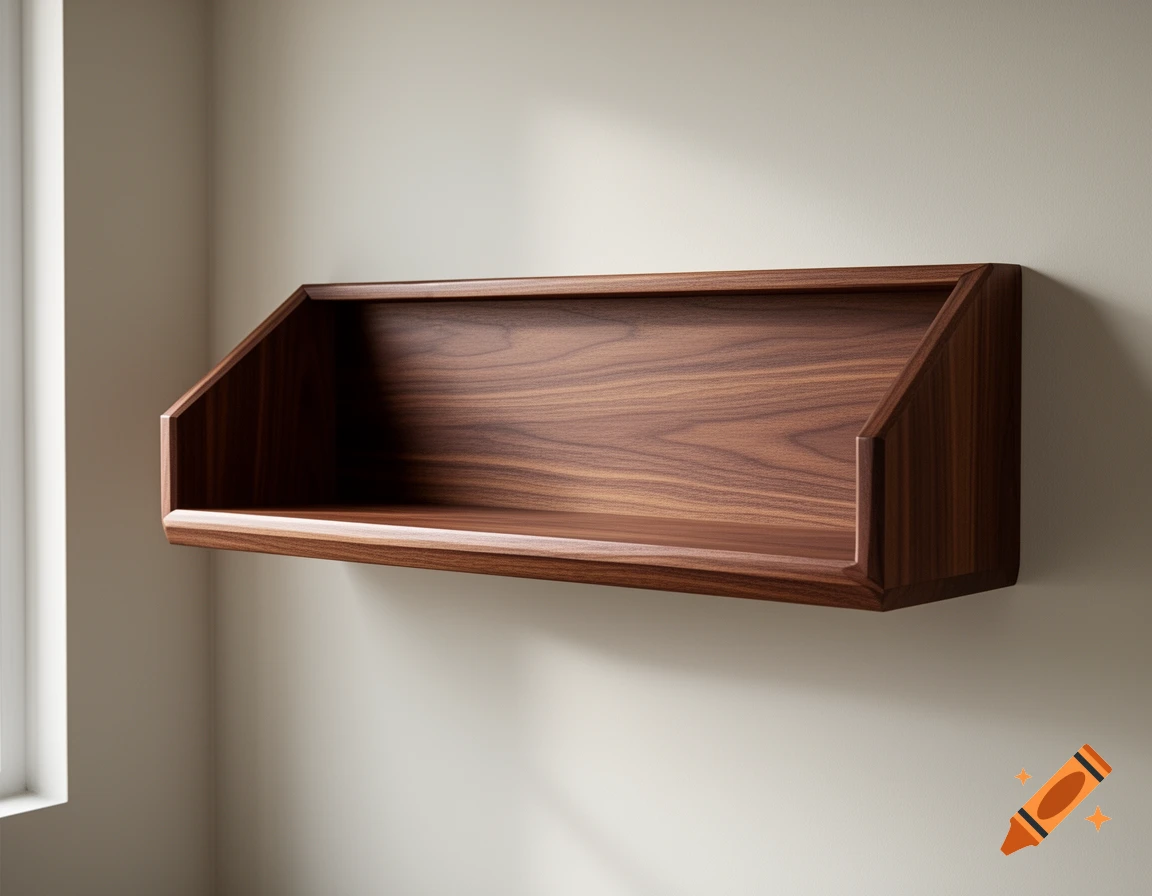 A modern wooden wall shelf with a unique angled design, mounted on a light beige wall, with natural light falling on it.