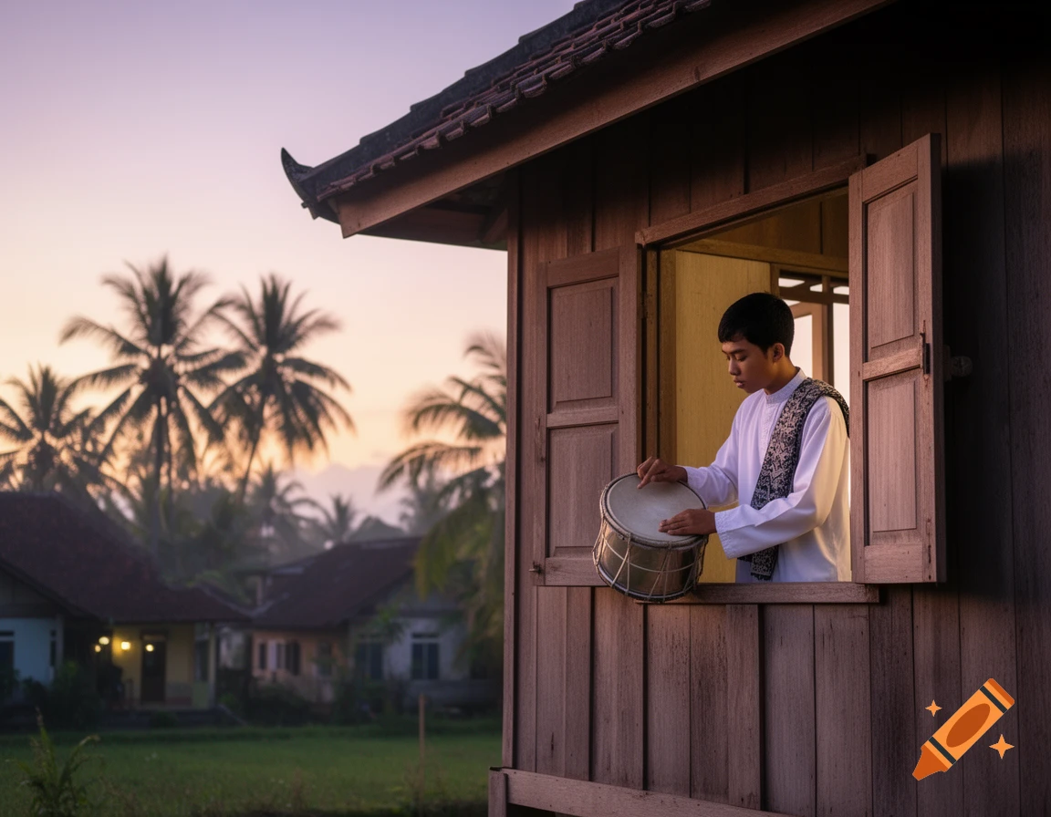 A young man in traditional attire plays a drum from a wooden window, with a rural village and palm trees at sunrise.