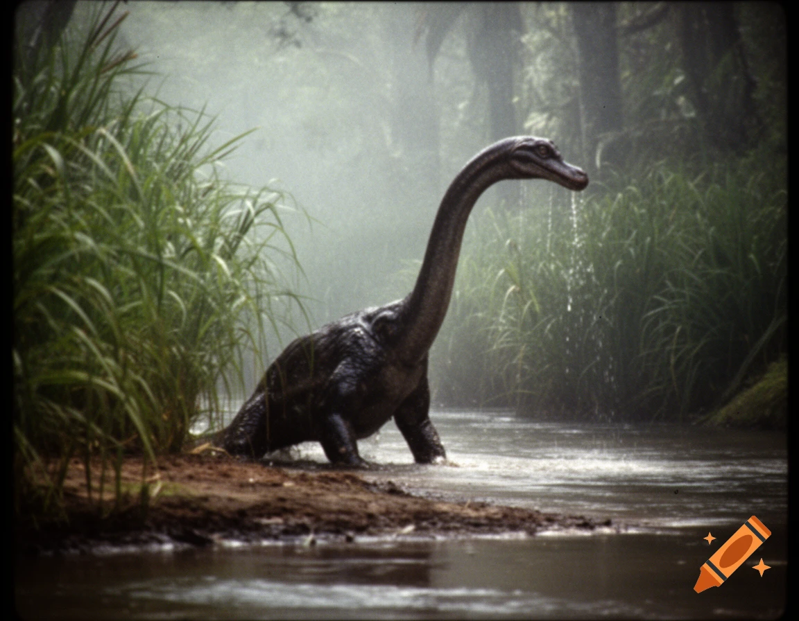 A long-necked aquatic reptile emerges from a shallow river onto a muddy bank, surrounded by reeds and foggy forest.