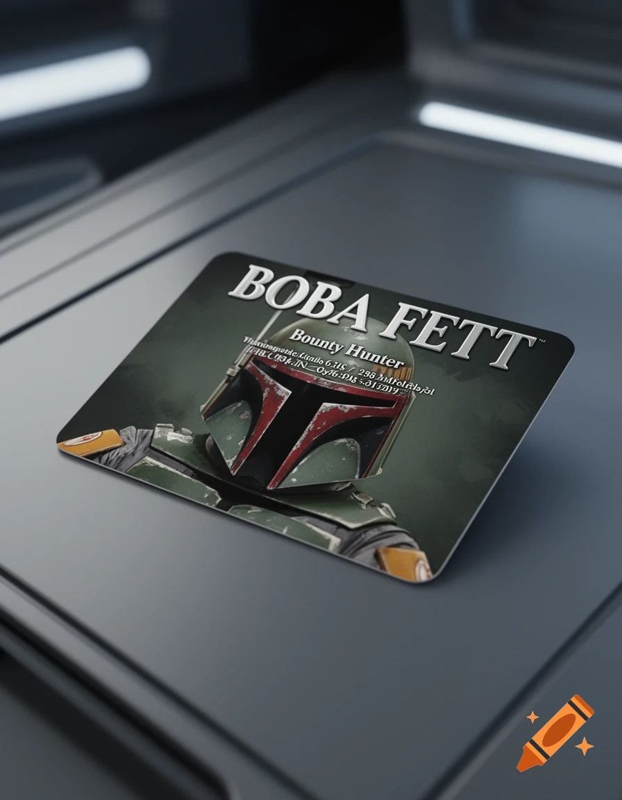 A photorealistic Boba Fett business card featuring his helmet, resting on a metallic surface.