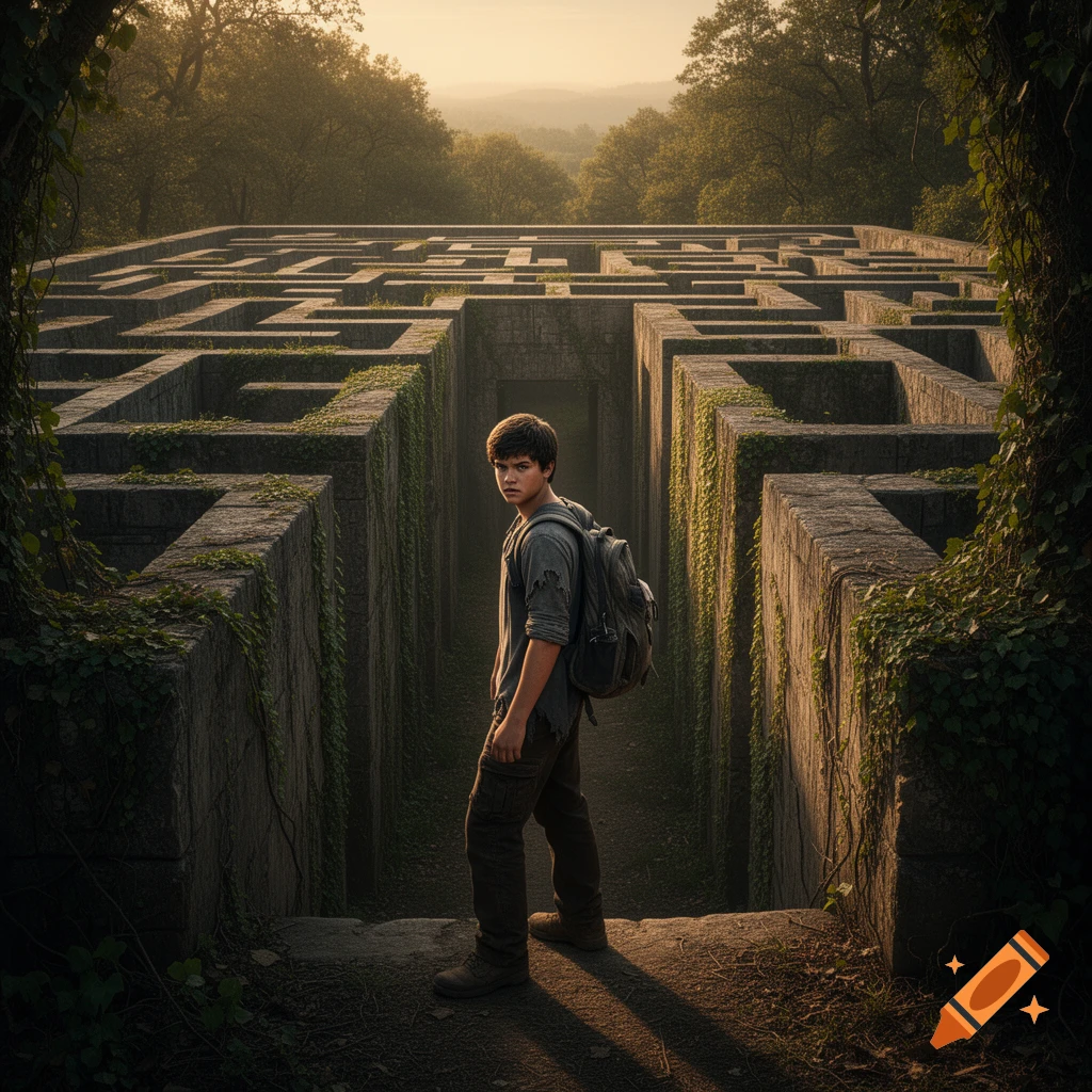 A young man with a backpack stands in a mysterious, overgrown stone maze, looking back over his shoulder.