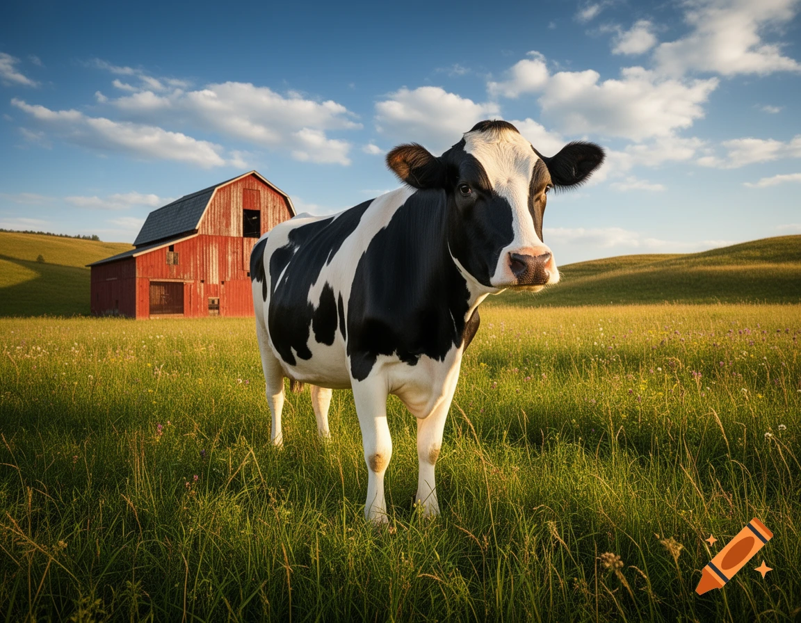 A black and white cow stands in a sunny green field with a red barn and blue sky.