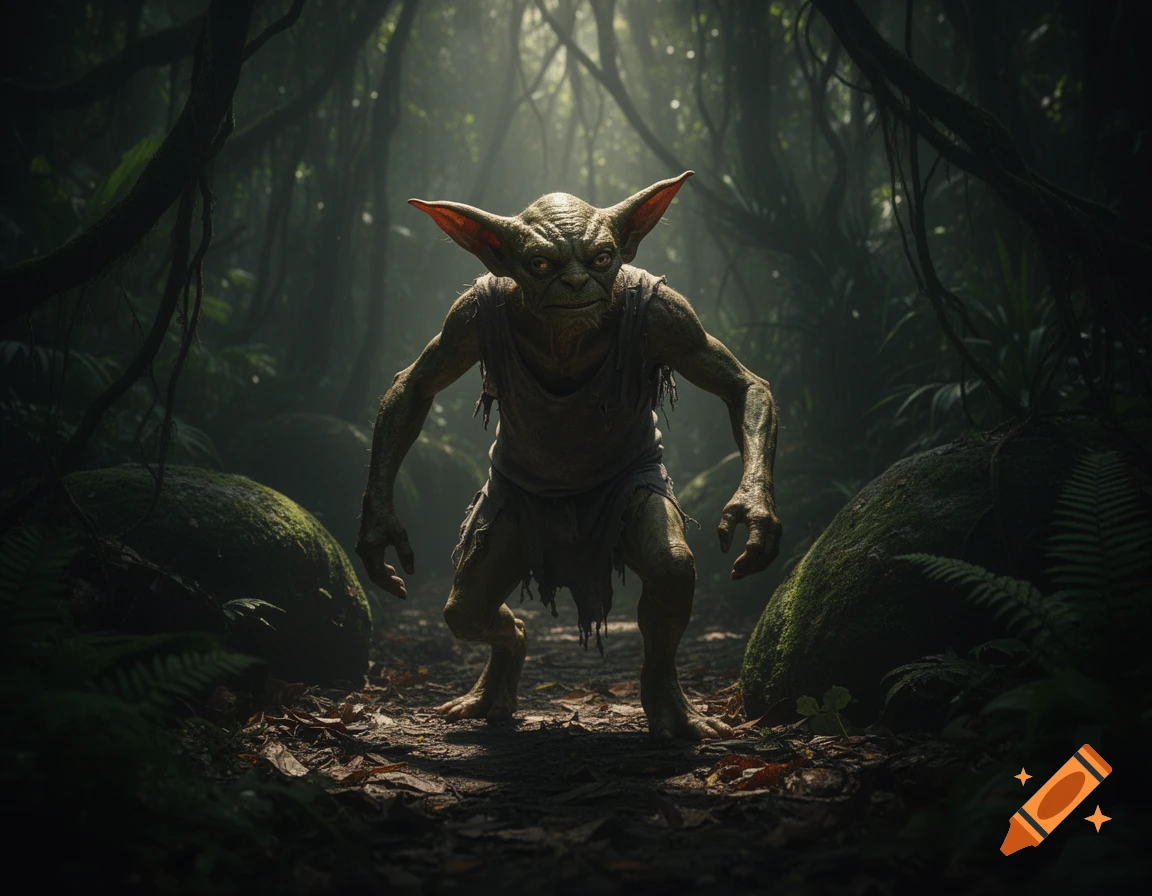 A creepy green goblin-like creature with large ears and tattered clothing squats on a jungle path, surrounded by dark foliage and dappled light.